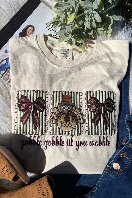 Gobble Till You Wobble Thanksgiving Design Plus Size Embroidery Shirt