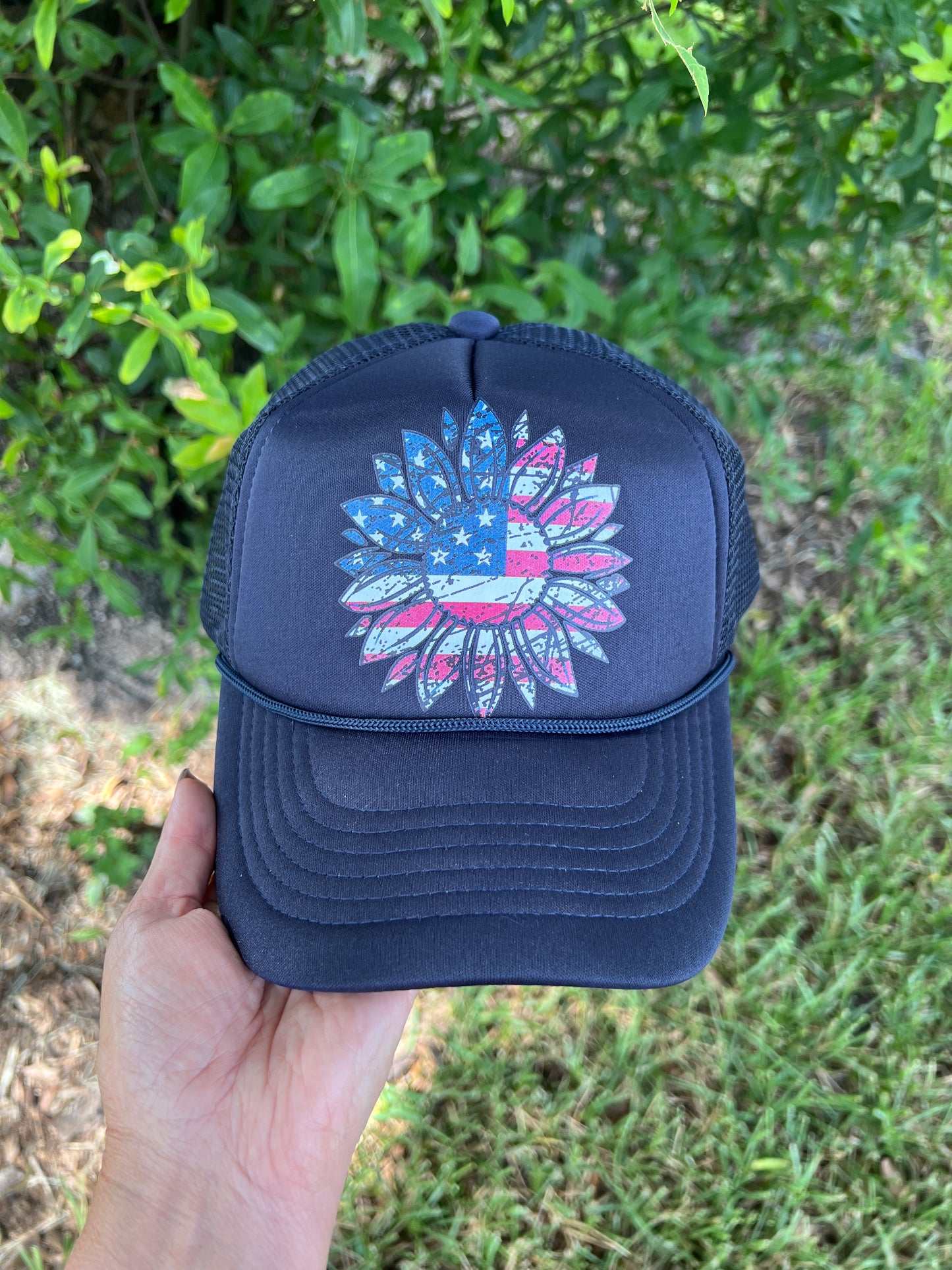 American Flag Sunflower Design/Navy Foam Cap/Hat