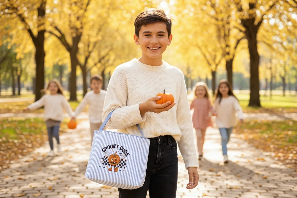 Boy Embroidered Design Trick or Treat Totes/Halloween Bag