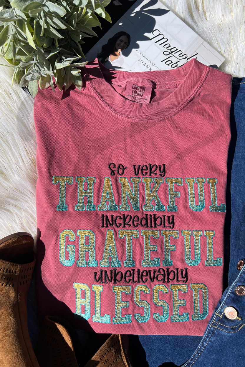 Thankful, Grateful Blessed Thanksgiving Design Embroidery Shirt Sizes S-4XL