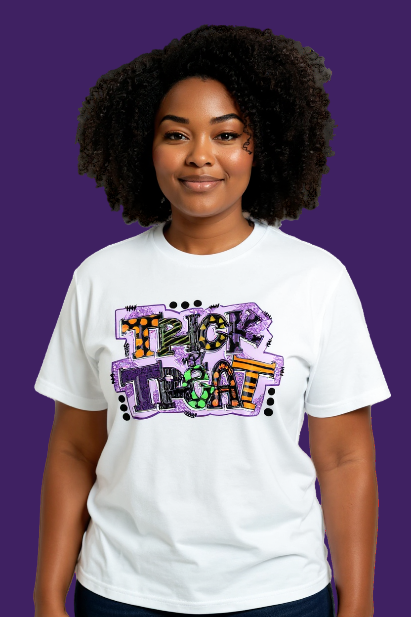 Person wearing a white t-shirt with 'Trick or Treat' design on a plain background