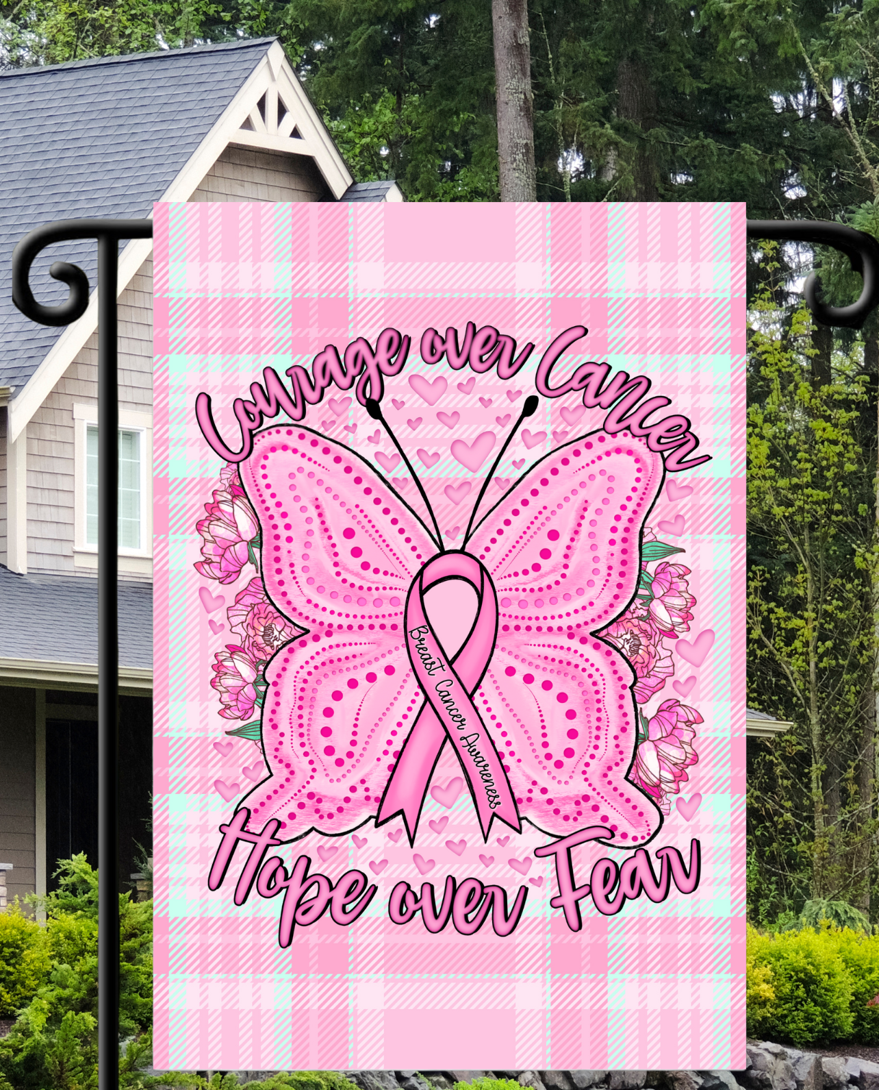 Hope Over Fear BREAST CANCER Design Garden Flag