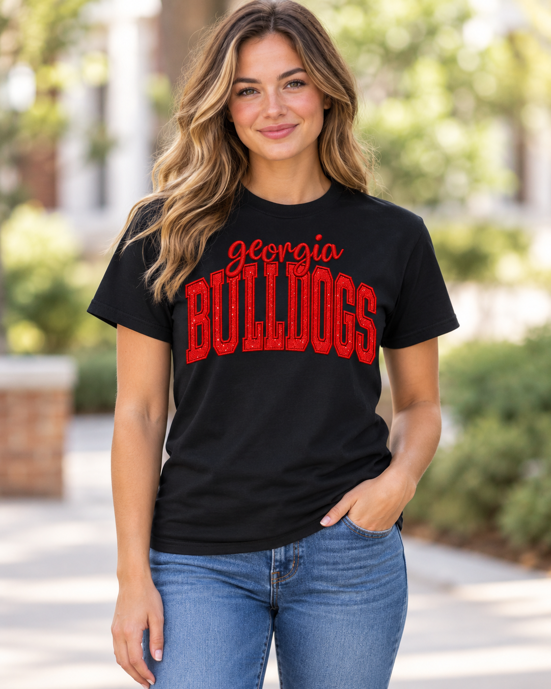 Georgia Bulldogs Embroidered Tee or Sweatshirt – Red Glitter Appliqué Black Crewneck