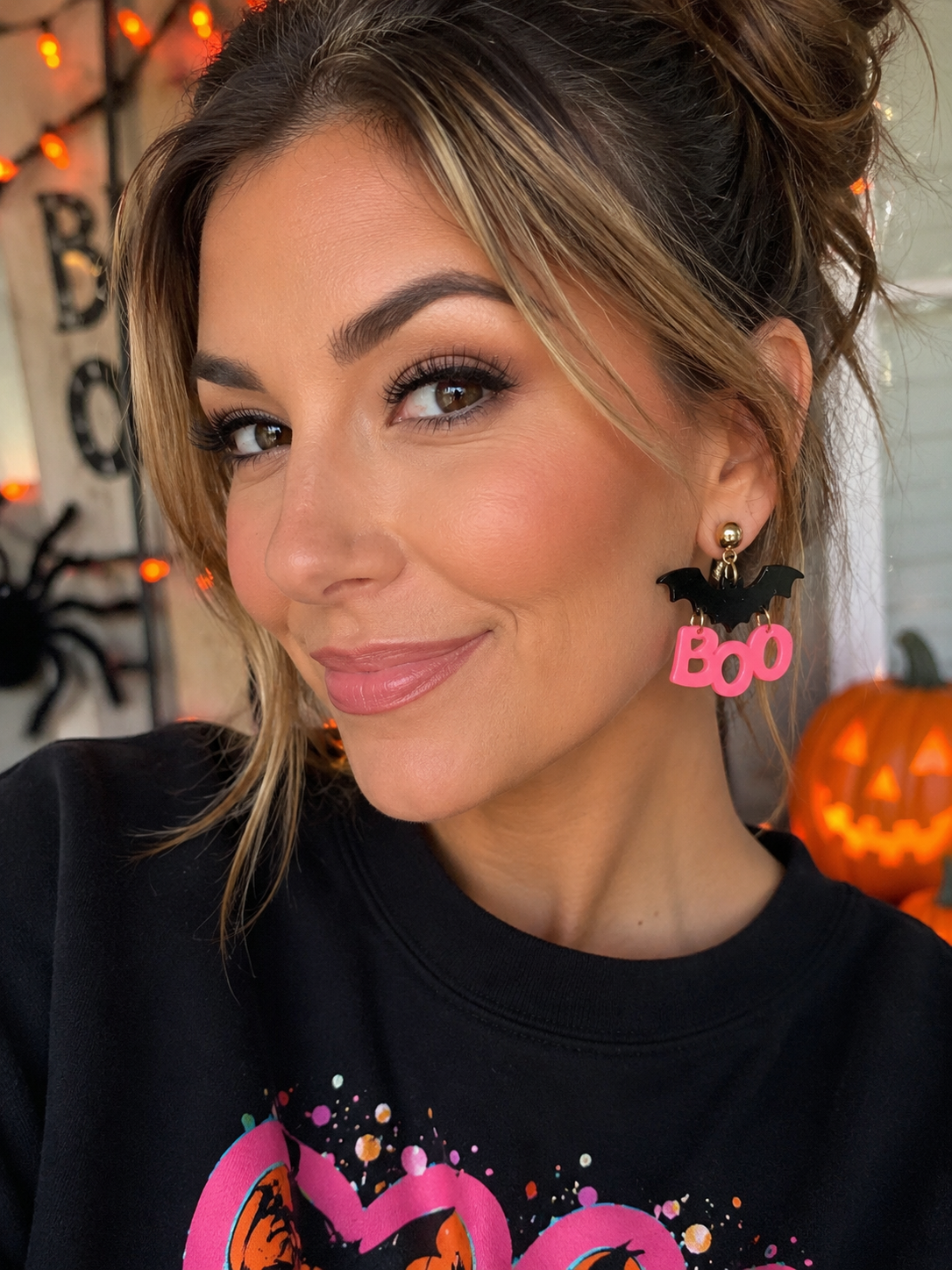 Pink "BOO" Bat Acrylic Halloween Earrings