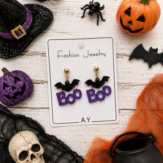 Halloween Glitter Acrylic Bat &amp; BOO Earrings