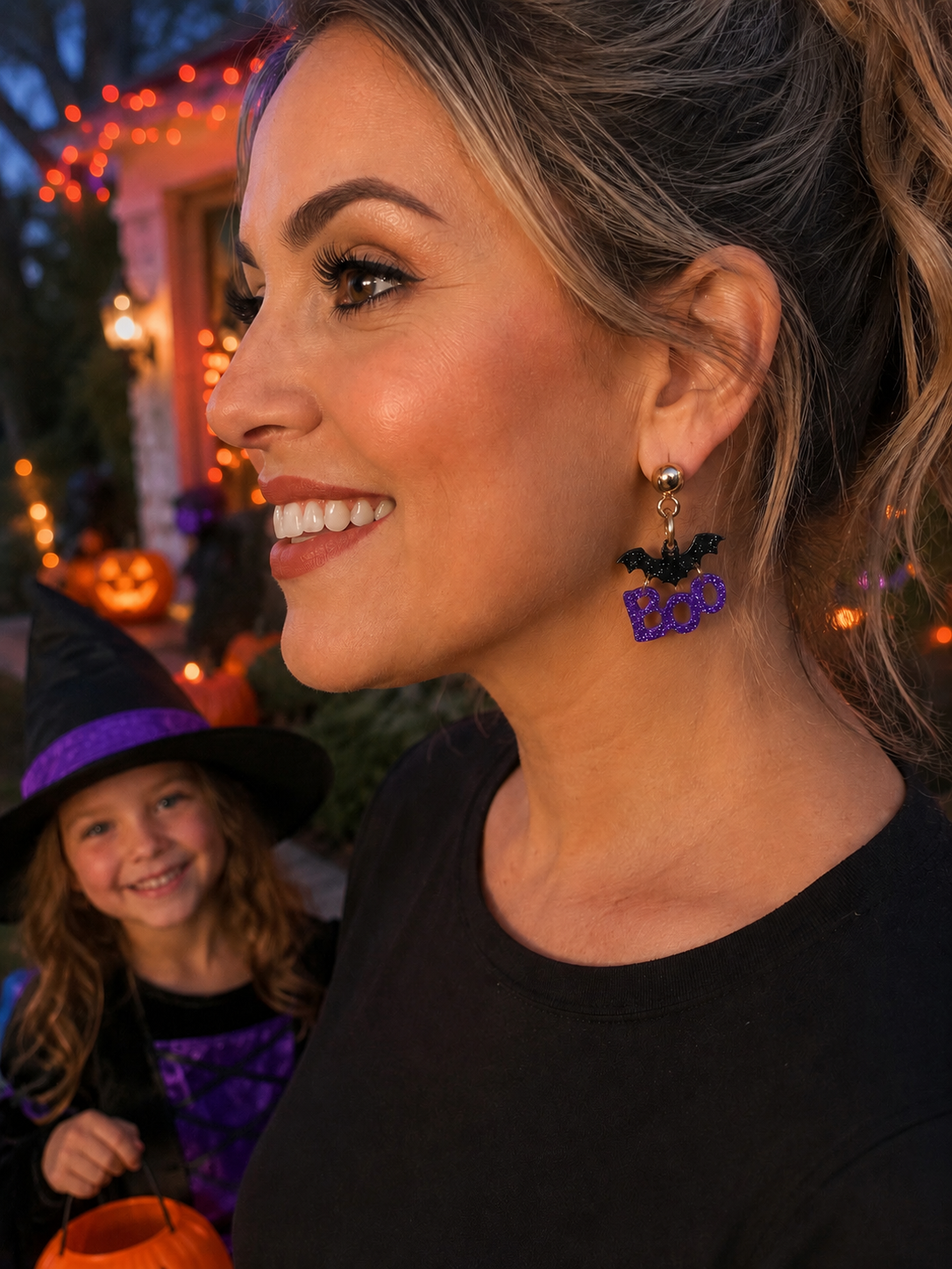 Halloween Glitter Acrylic Bat &amp; BOO Earrings