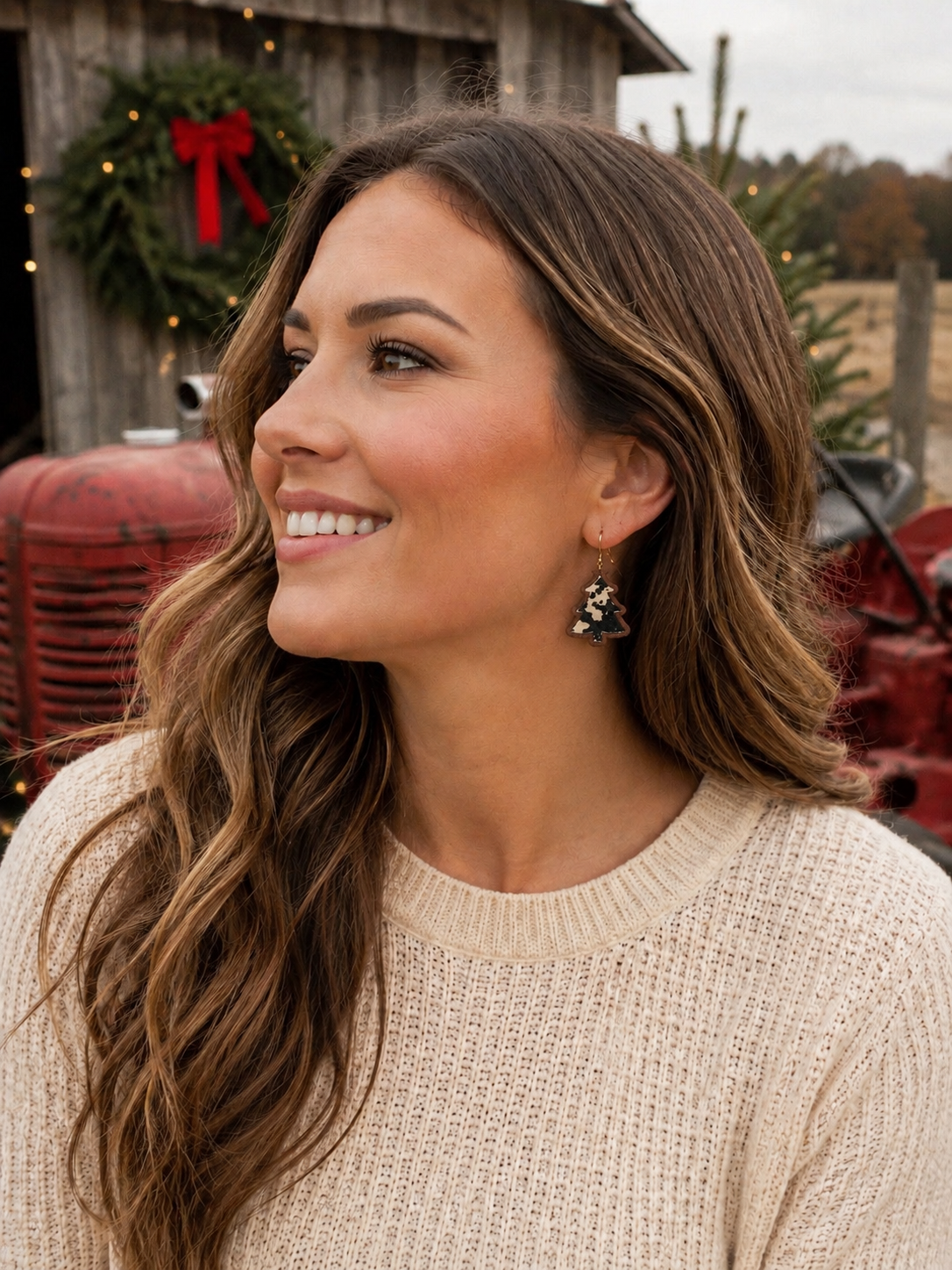 Wood Faux Leather Cow Print Earrings