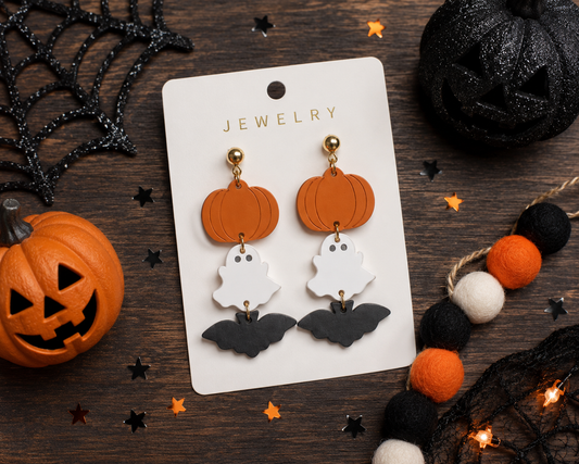 Pumpkin, Ghost &amp; Bat Halloween Acrylic Dangle Earrings