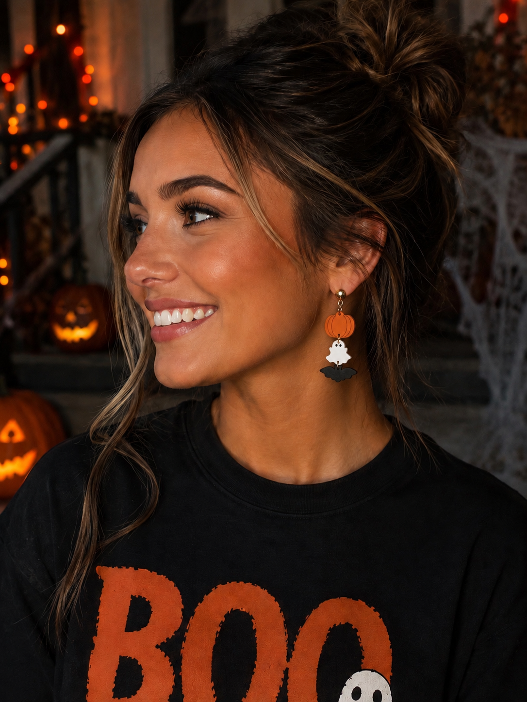 Pumpkin, Ghost &amp; Bat Halloween Acrylic Dangle Earrings