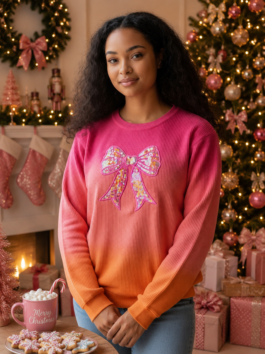 Pink Ombre Sequin Bow Ribbed Sweatshirt