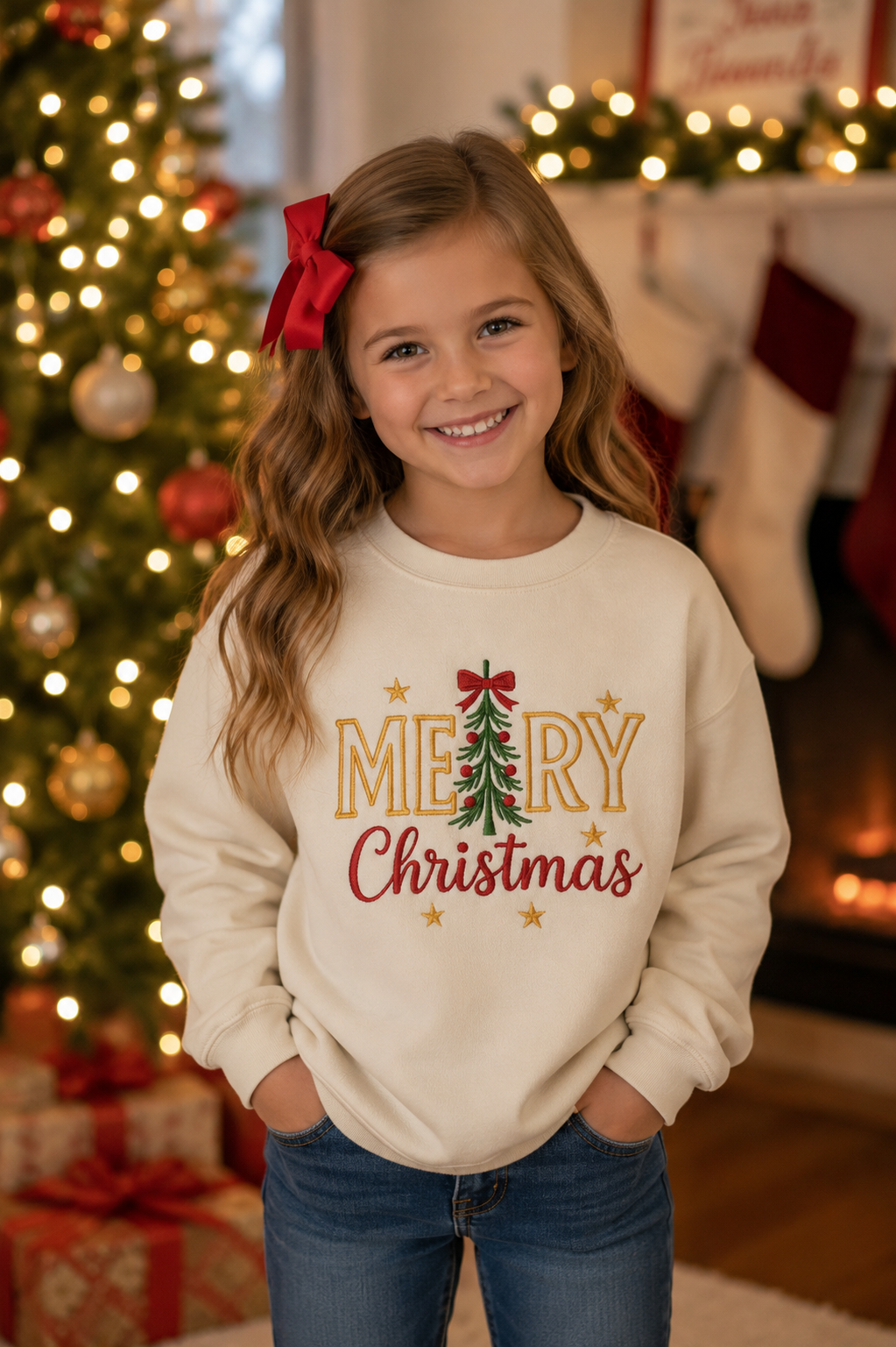Merry Christmas Tree Embroidered Tee or Crewneck Sweatshirt