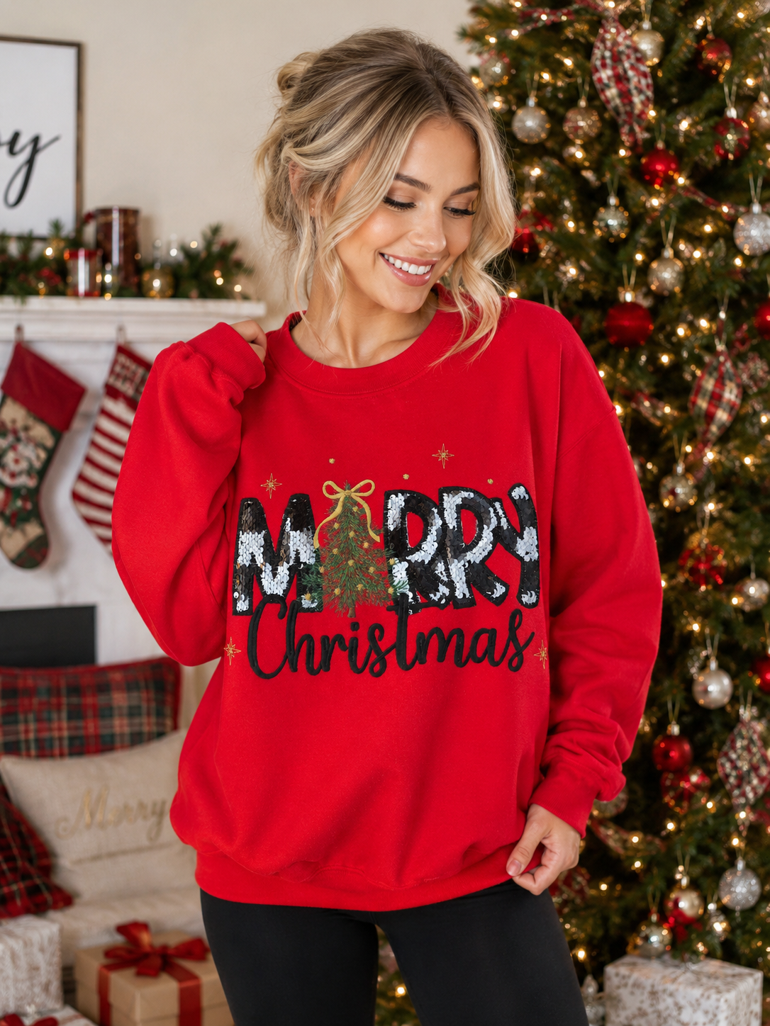 Merry Christmas Appliqué Embroidered Design T-Shirt or Crewneck Sweatshirt