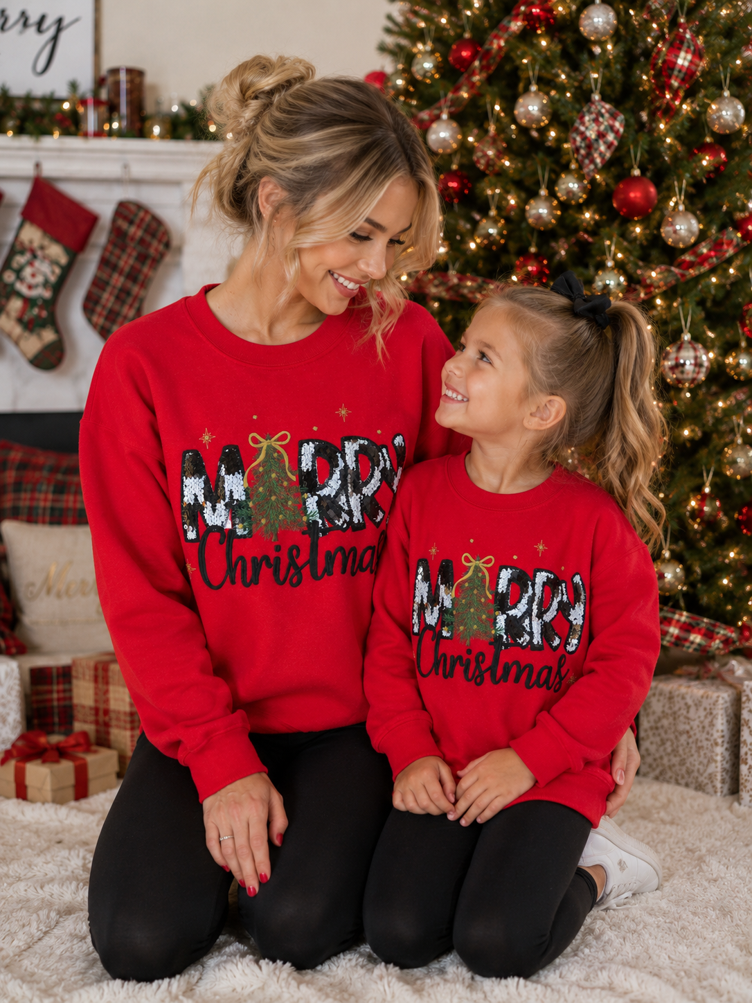 Merry Christmas Appliqué Embroidered Design T-Shirt or Crewneck Sweatshirt