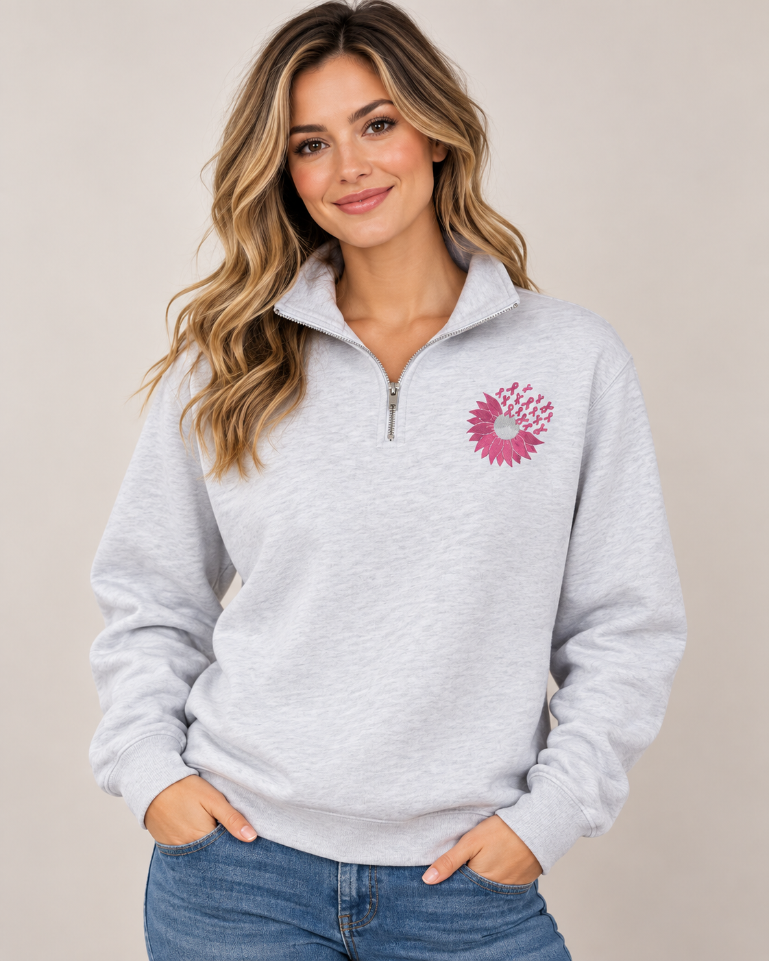 Sunflower Pink Ribbon Cancer Ribbon Embroidery Breast Cancer Embroidery Trendy Embroidery Quarter Zip Fleece Pullover