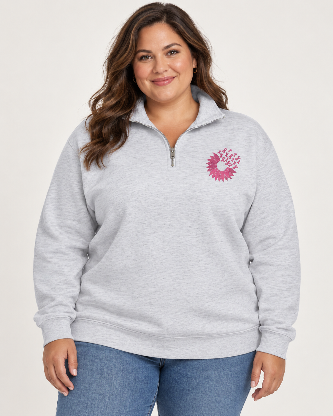 Sunflower Pink Ribbon Cancer Ribbon Embroidery Breast Cancer Embroidery Trendy Embroidery Quarter Zip Fleece Pullover