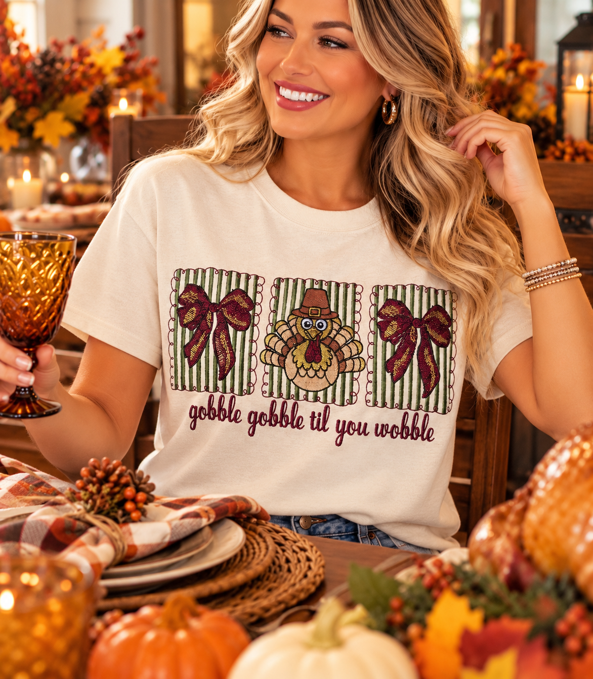 Gobble Gobble Til You Wobble Thanksgiving Shirt | Embroidered Turkey & Bow Fall Graphic Tee | Cute Thanksgiving Outfit