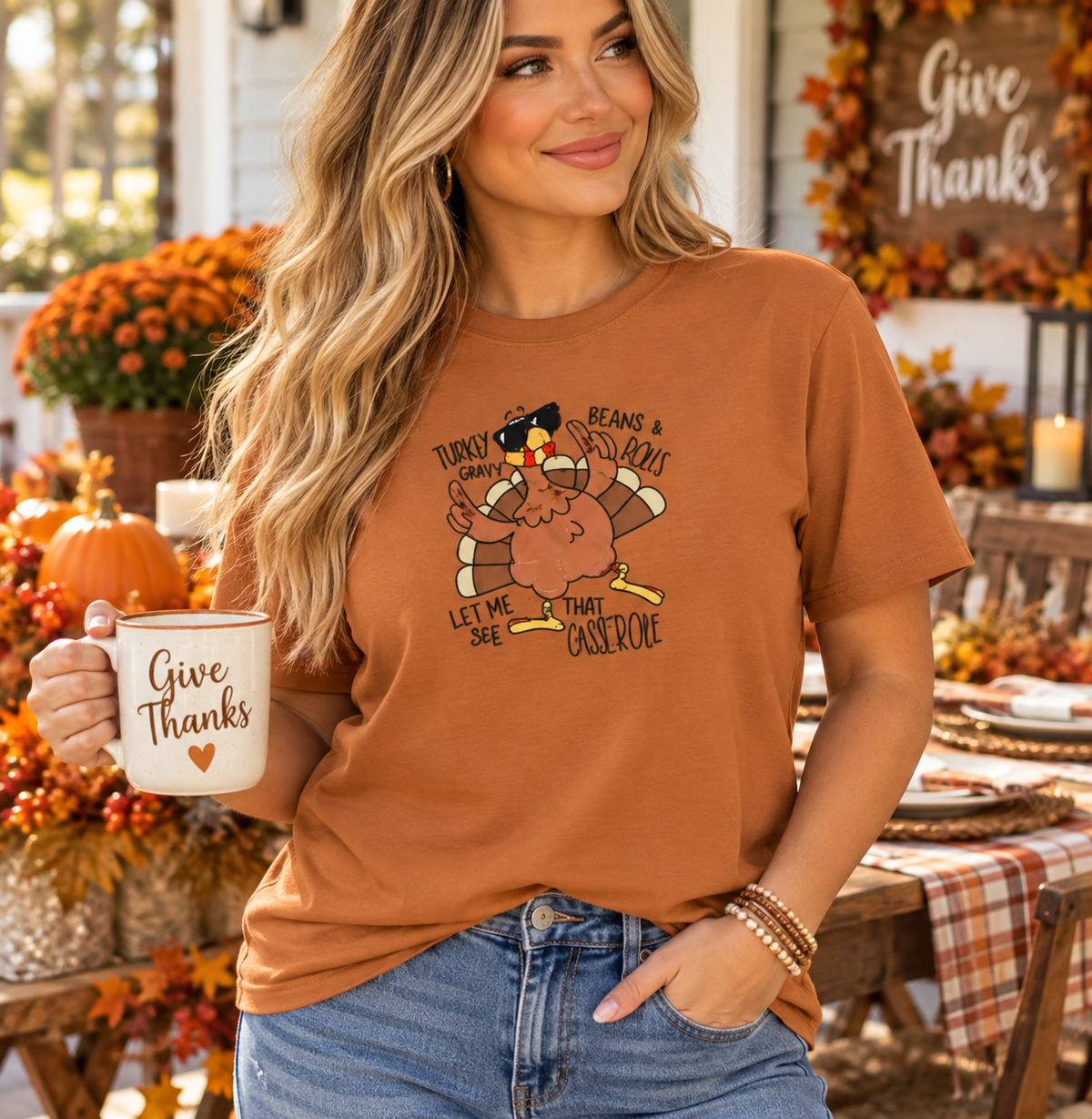 Funny Thanksgiving Embroidered T-Shirt | Turkey Gravy Beans & Rolls Tee | Let Me See That Casserole | Fall EmbroideredTee
