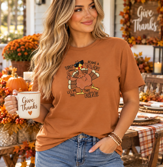 Funny Thanksgiving Embroidered T-Shirt | Turkey Gravy Beans & Rolls Tee | Let Me See That Casserole | Fall EmbroideredTee