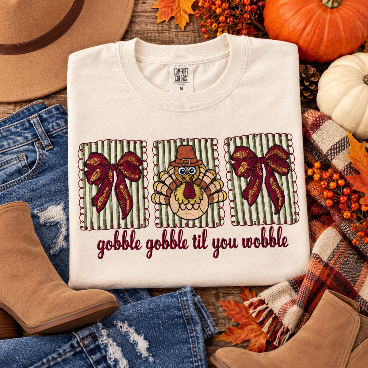 Gobble Gobble Til You Wobble Thanksgiving Shirt | Embroidered Turkey & Bow Fall Graphic Tee | Cute Thanksgiving Outfit