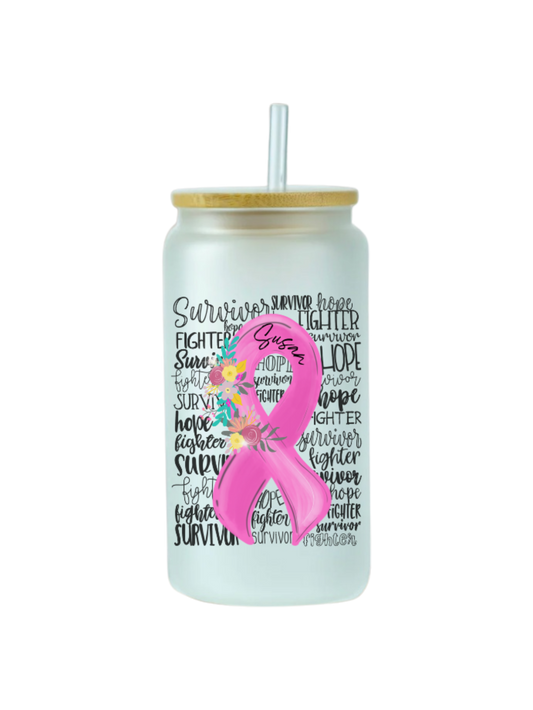 Breast Cancer Awareness Ribbon Word Art Design 16 oz glass tumbler/can/mug