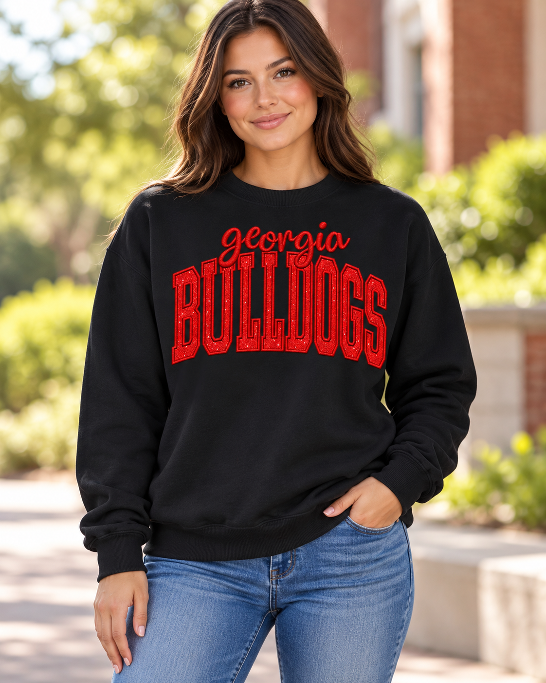 Georgia Bulldogs Embroidered Tee or Sweatshirt – Red Glitter Appliqué Black Crewneck
