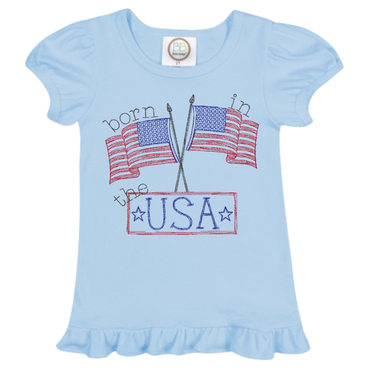 BORN IN THE USA/FLAG DESIGN/ PATRIOTIC GIRL EMBROIDERED T-SHIRT/5 COLOR OPTIONS