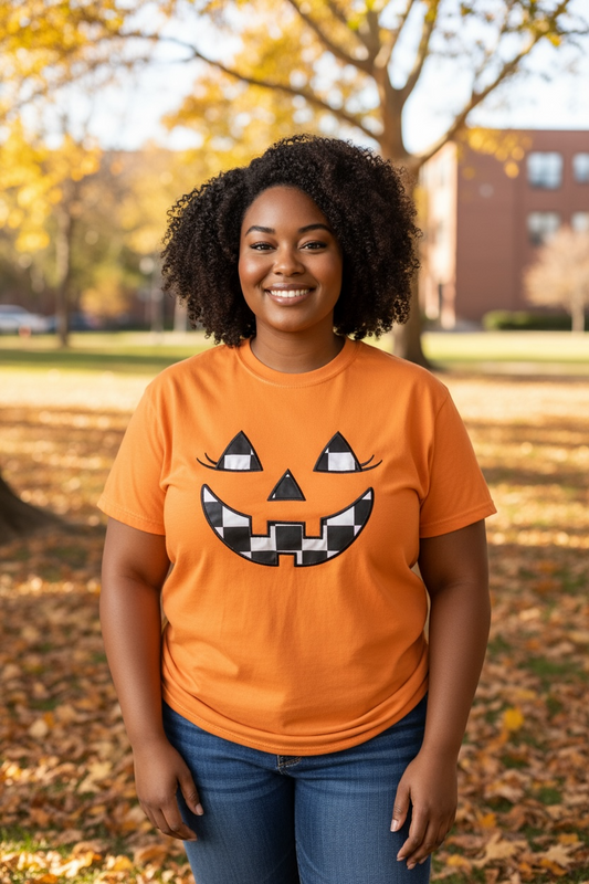 Jackie Jack-O-Lantern Halloween Black/White Checkered Fabric Design Embroidery T-Shirt