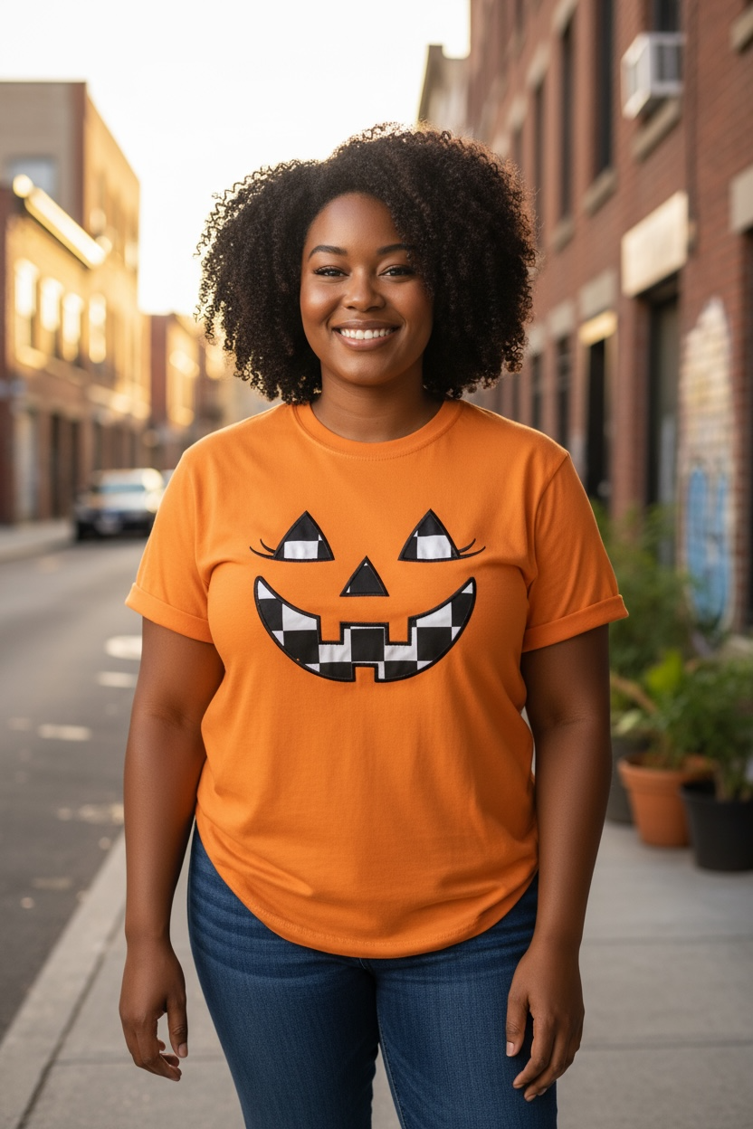 Jackie Jack-O-Lantern Halloween Black/White Checkered Fabric Design Embroidery T-Shirt