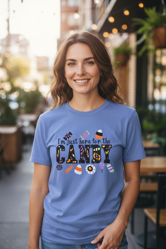 I'm Just Here For The Candy Halloween Candy Fabric Design Embroidery T-Shirt