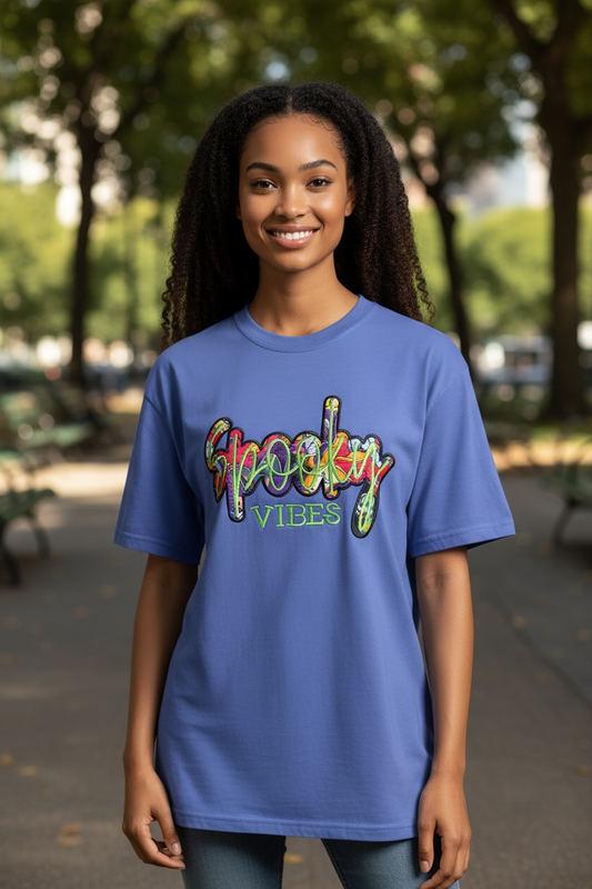 Spooky Vibes Halloween Disney Fabric Design Embroidery T-Shirt