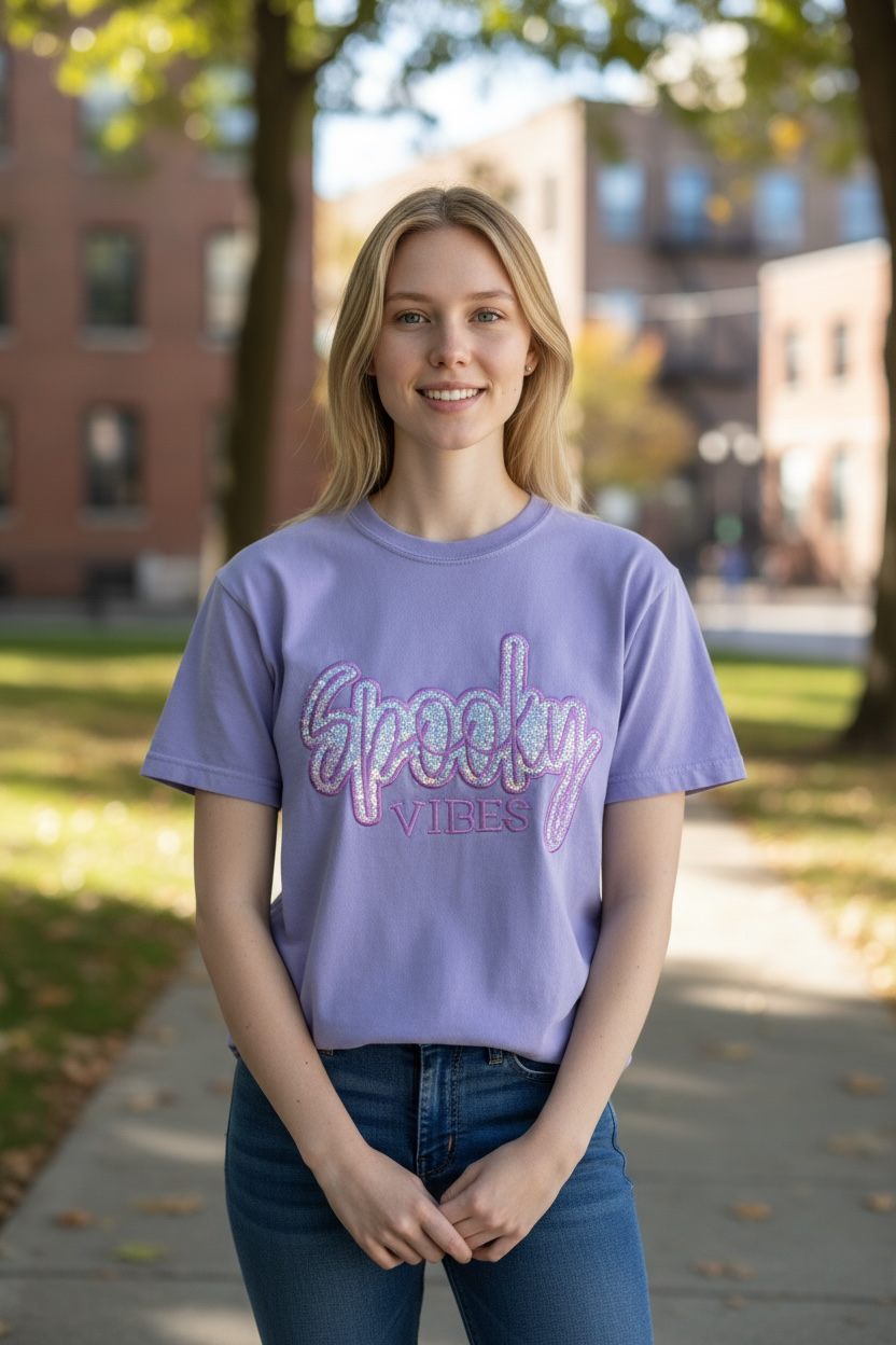 Person wearing a purple 'Spooky Vibes' t-shirt standing outdoors on a sunny day.