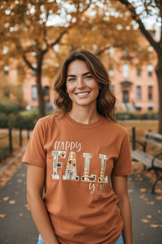 Woman wearing a 'Happy Fall Y'all' shirt in an autumn setting