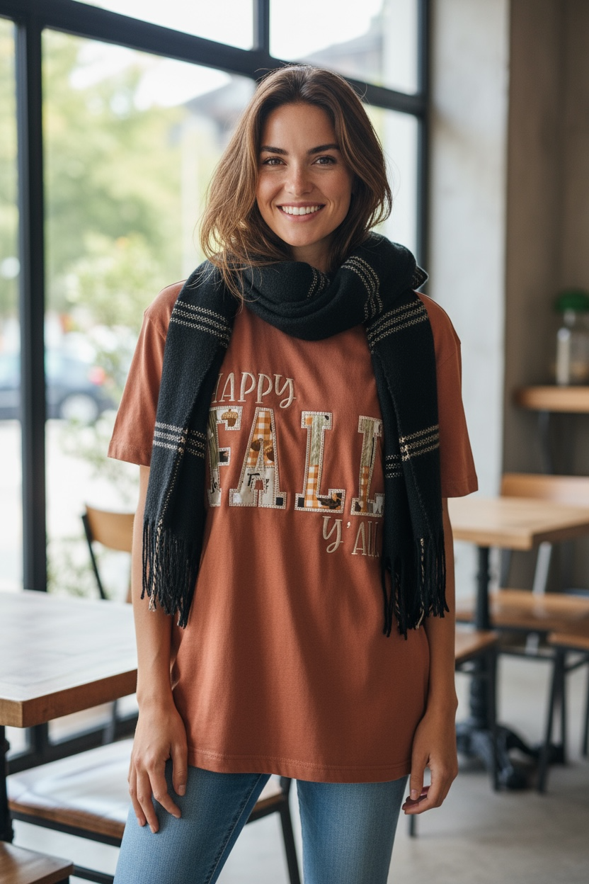 Happy Fall Y'all Fall Woodlands Fabric Design Embroidery T-Shirt