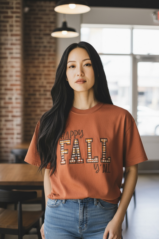 Woman wearing a 'Happy Fall' shirt in an indoor setting