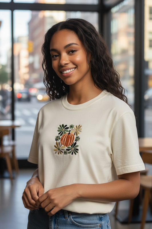 Florals and Pumpkin Boho Design Embroidery T-Shirt