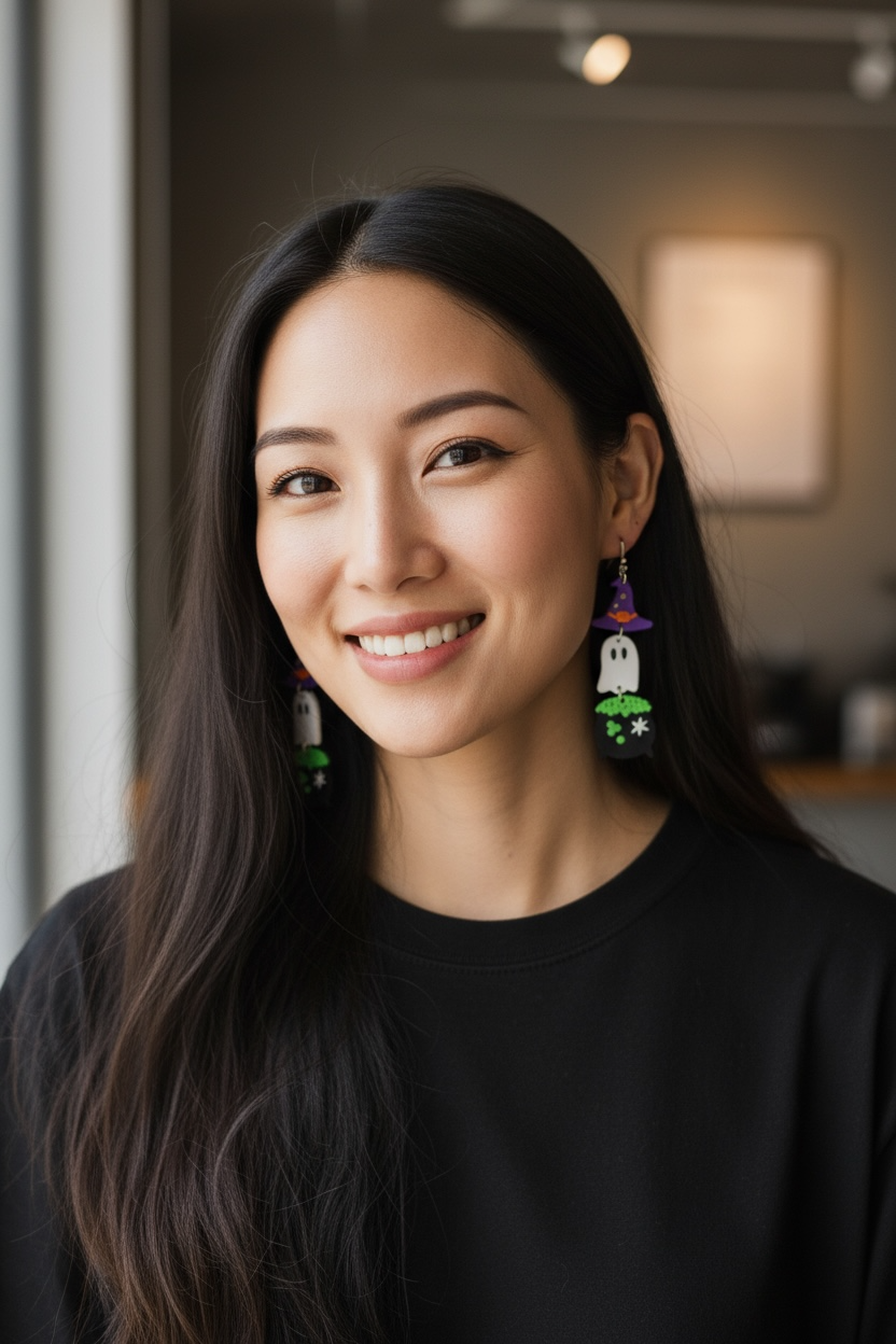 Woman wearing a black top with colorful earrings indoors