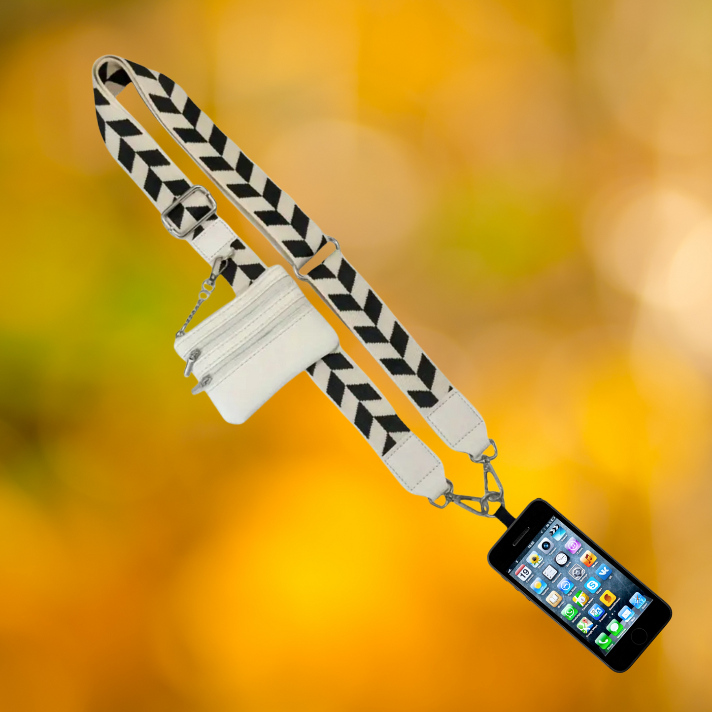Mobile Phone Crossbody, Adjustable, Lanyard/Black & White
