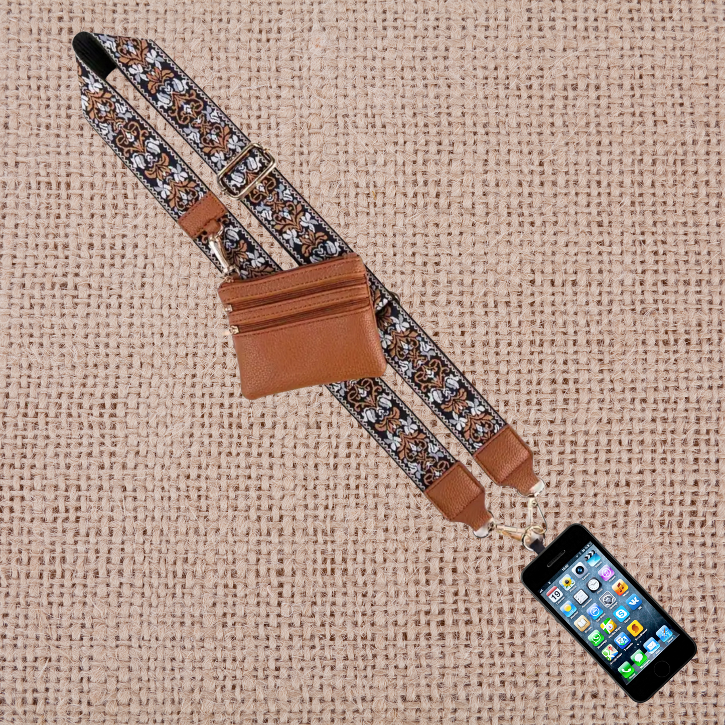 Mobile Phone Crossbody, Adjustable, Lanyard/Brown
