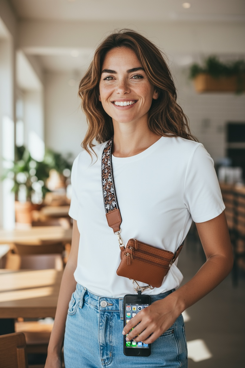 Mobile Phone Crossbody, Adjustable, Lanyard/Brown