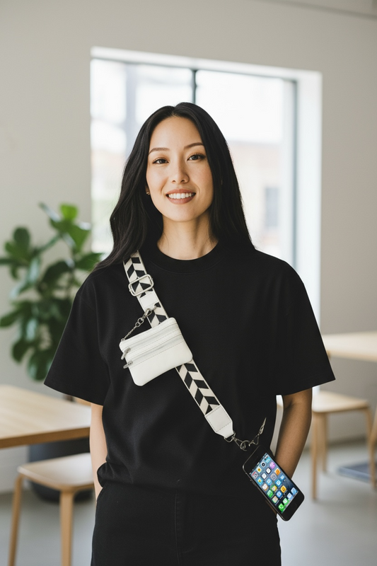 Mobile Phone Crossbody, Adjustable, Lanyard/Black & White