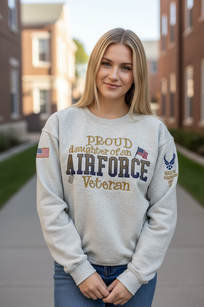 Personalized Military Veteran Crewneck Sweatshirt featuring a dual sleeve embroidered detailing
