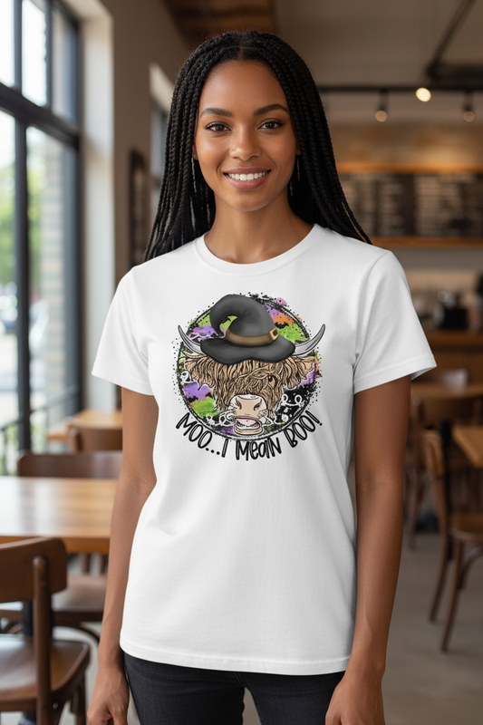 MOO...I MEAN BOO HEIFER COW LADIES GRAPHIC T-SHIRT