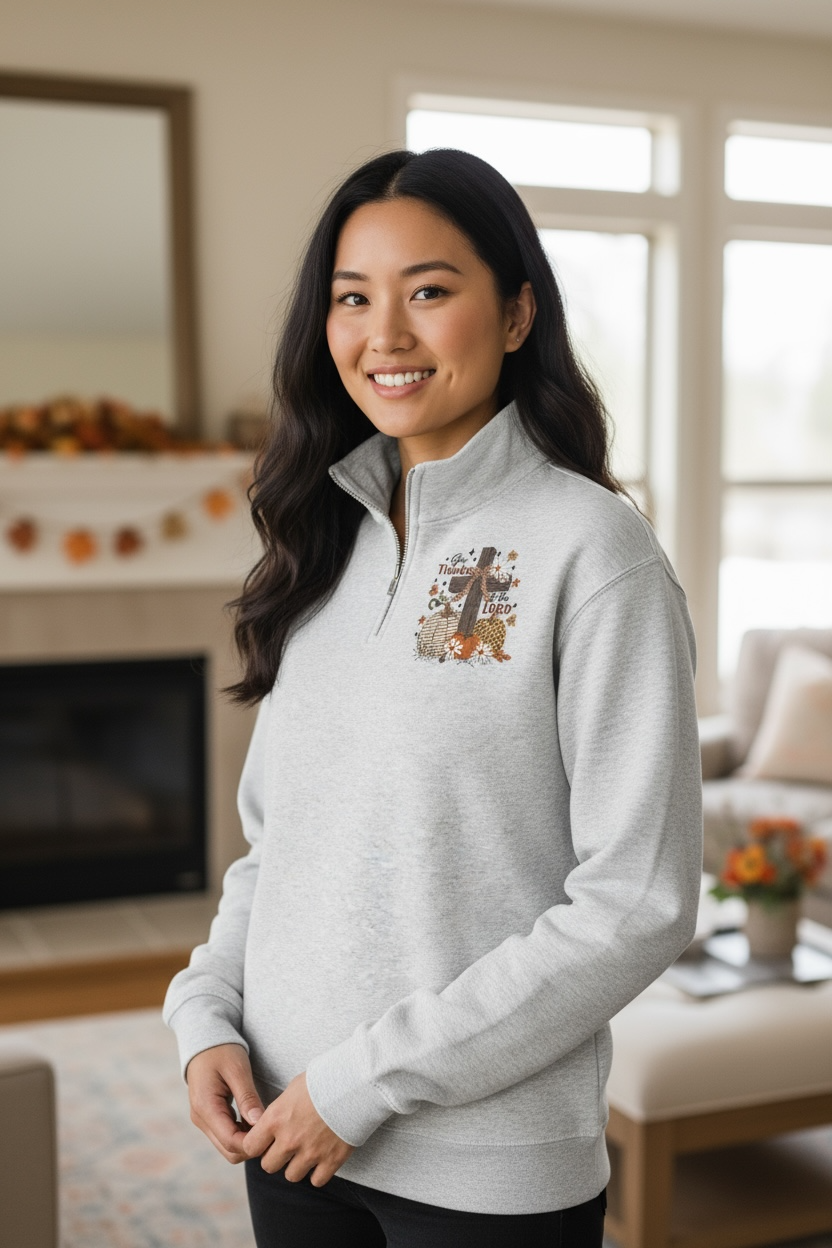 Give Thanks To The Lord Floral Fall Embroidery, Pumpkin Spice Embroidery Retro Autumn Embroidery, Girly Fall Coquette Quarter Zip Fleece Pullover