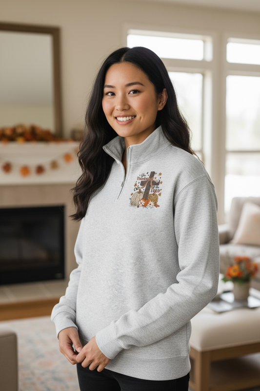 Give Thanks To The Lord Floral Fall Embroidery, Pumpkin Spice Embroidery Retro Autumn Embroidery, Girly Fall Coquette Quarter Zip Fleece Pullover