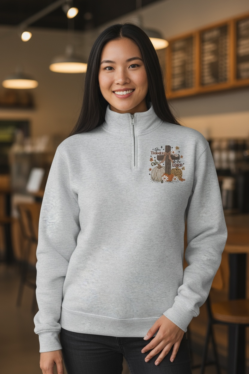 Give Thanks To The Lord Floral Fall Embroidery, Pumpkin Spice Embroidery Retro Autumn Embroidery, Girly Fall Coquette Quarter Zip Fleece Pullover