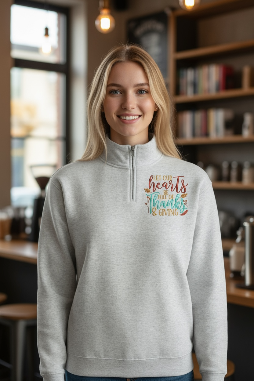 Let Our Hearts Autumn Leaves Fall Embroidery Quarter Zip Fleece Pullover