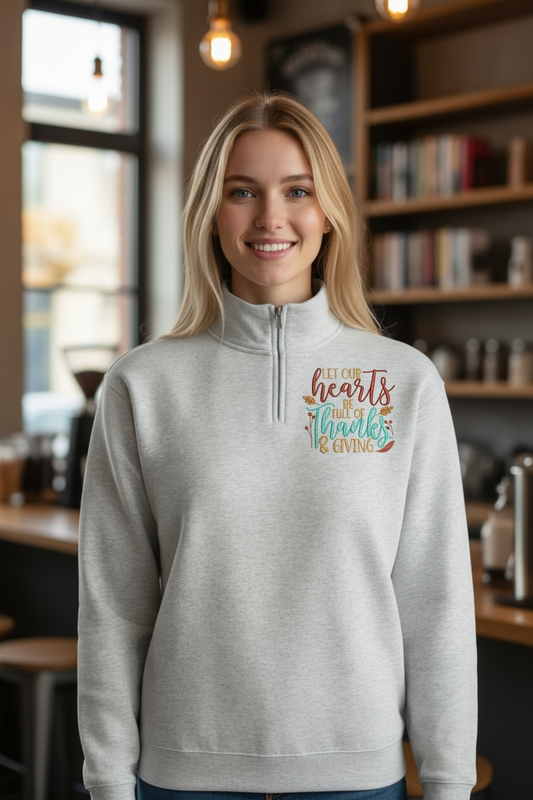 Let Our Hearts Autumn Leaves Fall Embroidery Quarter Zip Fleece Pullover