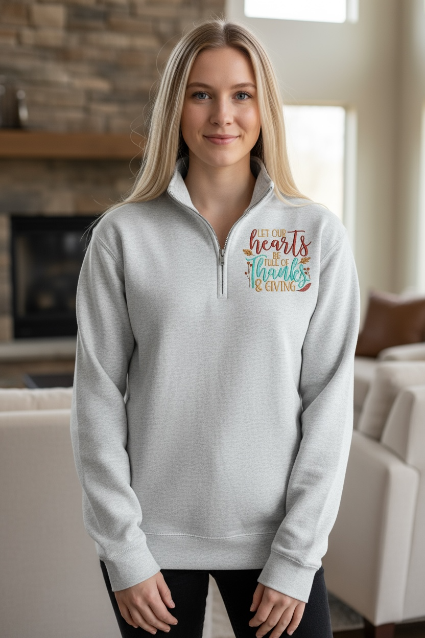Let Our Hearts Autumn Leaves Fall Embroidery Quarter Zip Fleece Pullover