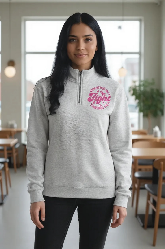 Together We Fight Pink Ribbon Embroidery Design, Cancer Embroidery Trendy Embroidery Quarter Zip Fleece Pullover