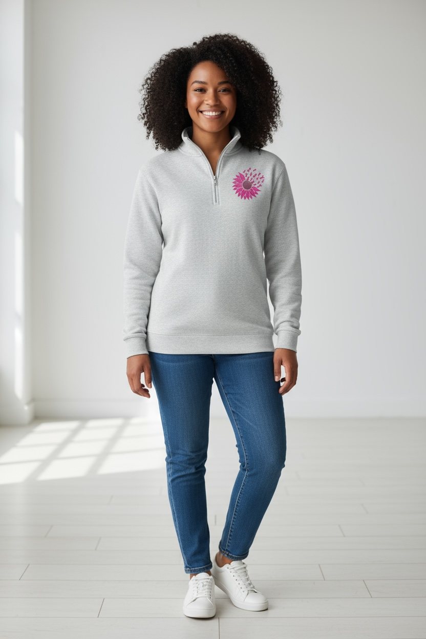 Sunflower Pink Ribbon Cancer Ribbon Embroidery Breast Cancer Embroidery Trendy Embroidery Quarter Zip Fleece Pullover